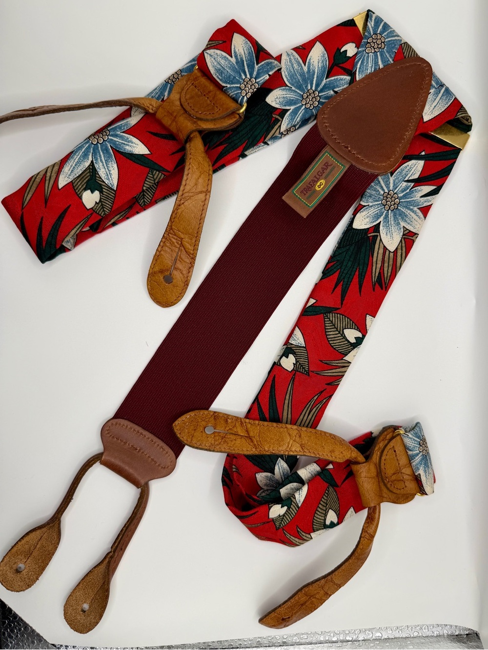 Trafalgar Vintage Silk And Leather Suspenders Braces Red Tropical Floral Hawaii
